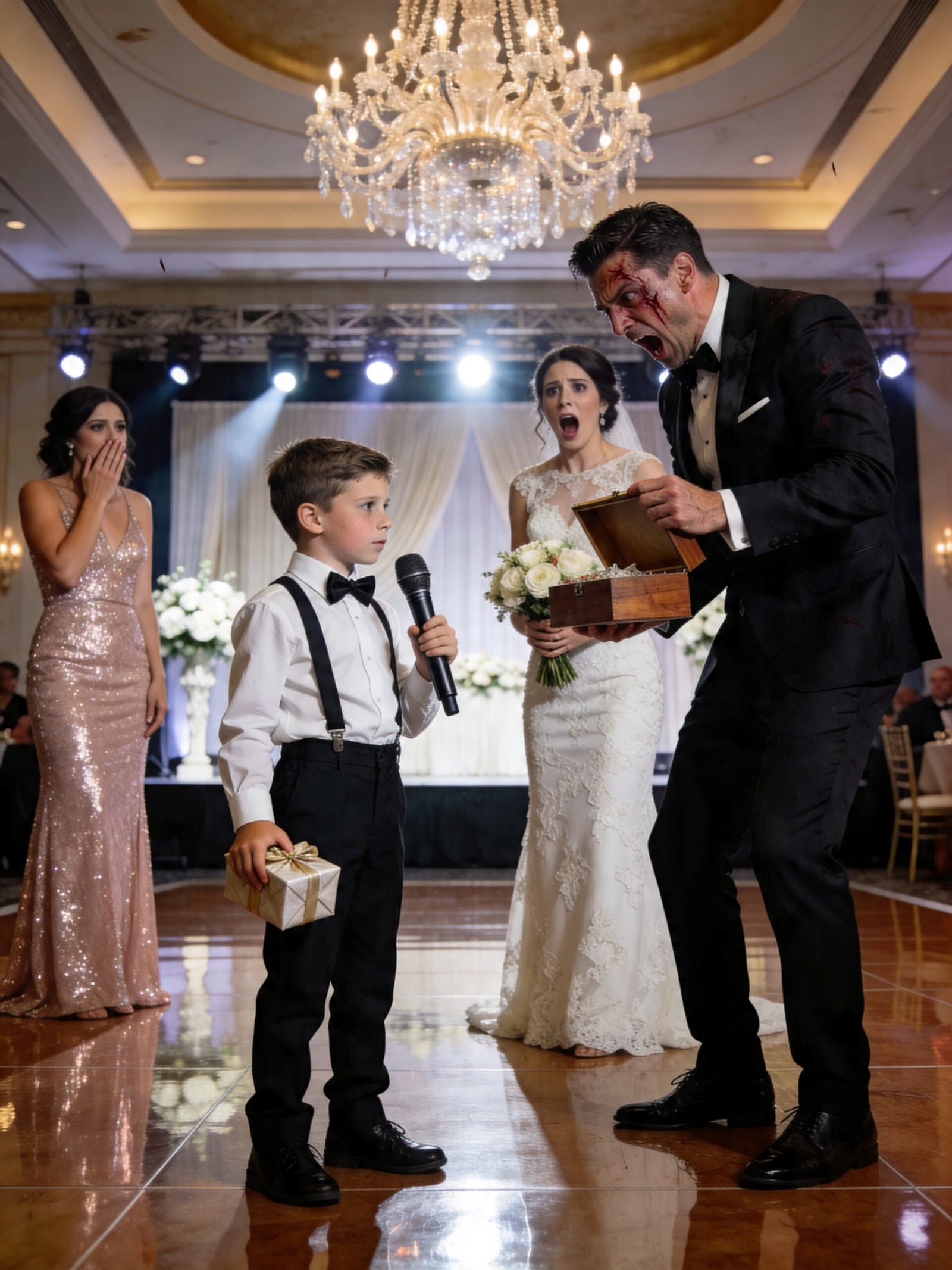 My ex-husband cheated on me, left me and our son, and still invited us to his wedding. During his speech, he laughed and said, “Leaving that trash was the best decision of my life!” The crowd burst into laughter. Then my son calmly took the microphone. “I brought a special gift for you, Dad,” he said, handing him a box. When my ex opened it, his scream silenced the entire room.