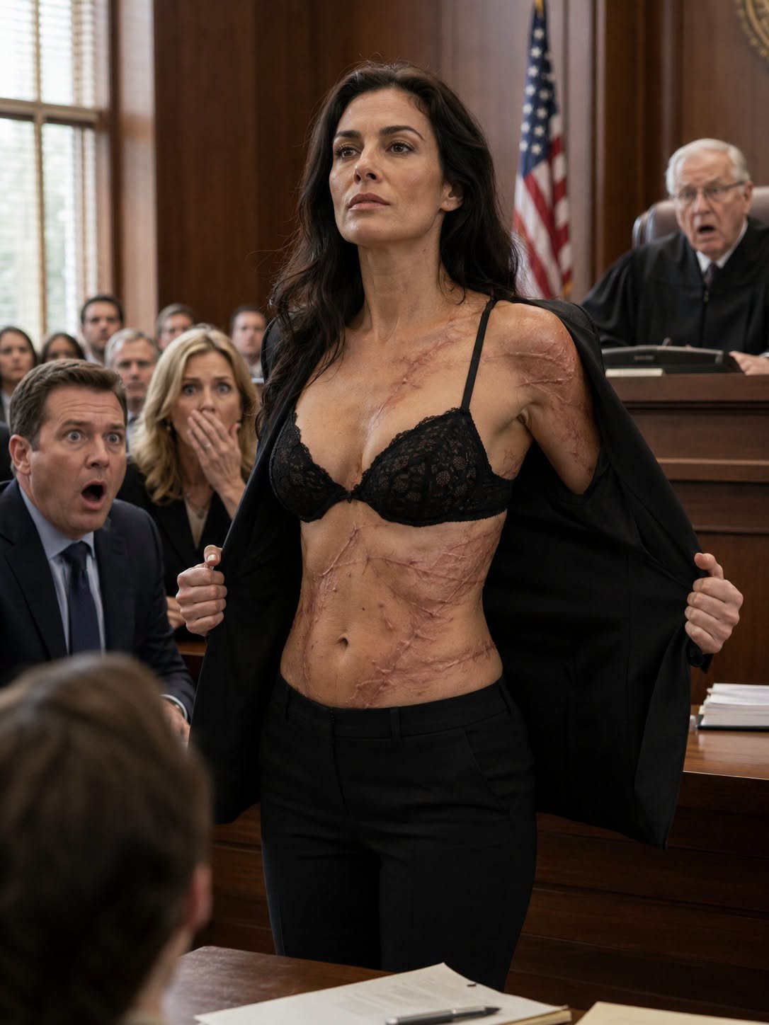 In the divorce courtroom, my husband stood beside his mistress and smirked. “The company, the house, the cars—they’re mine now. You’ll starve in the street.” I said nothing. Slowly, I removed my coat, revealing the long scars carved across my body. The courtroom fell silent. Then I whispered, “This is no longer a divorce trial. It’s the trial for every dark secret you thought would stay buried forever.”