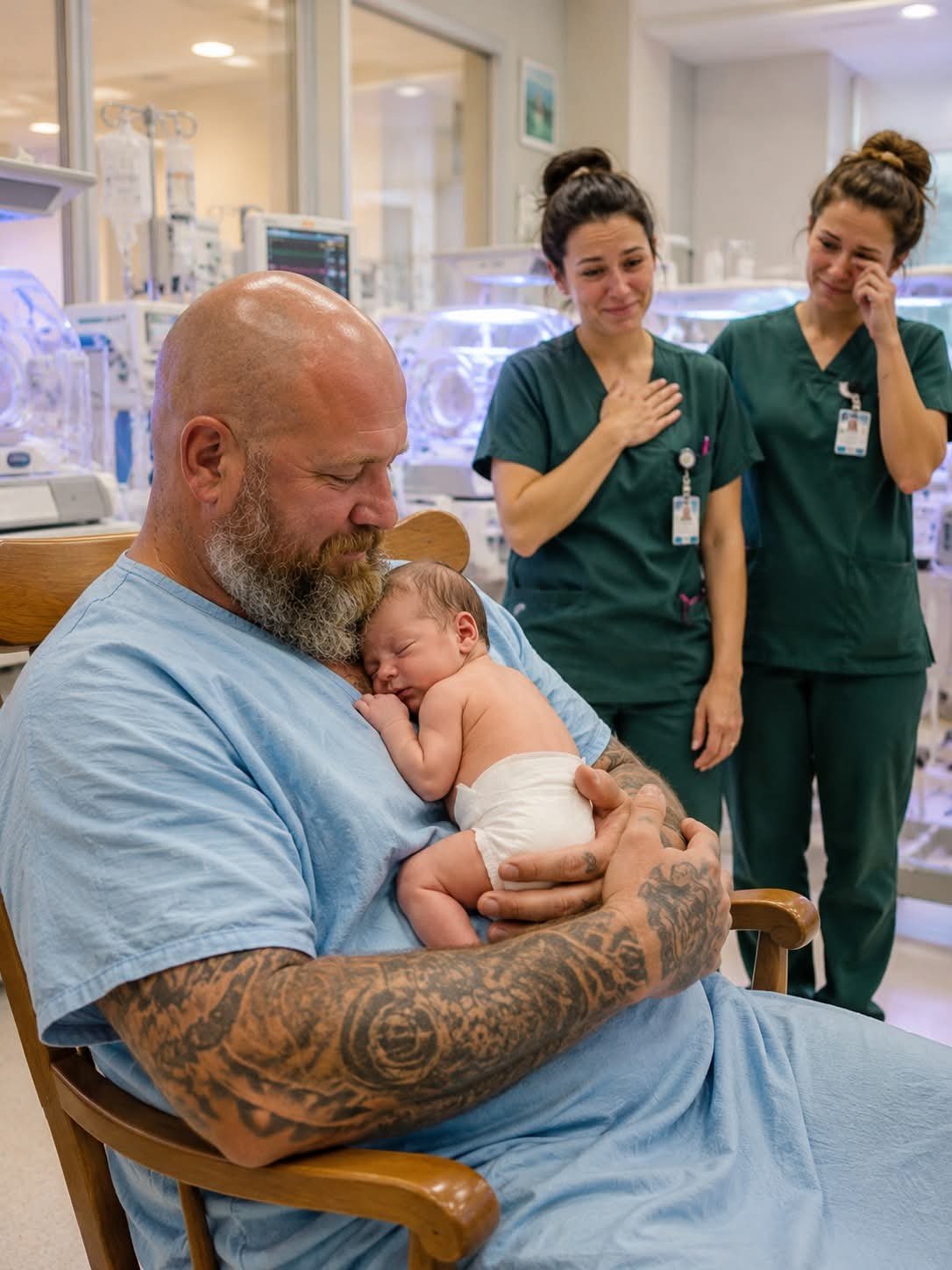 The entire NICU fell silent when a massive tattooed biker asked to hold the newborn no one had ever visited. But after he remained in the same chair for 12 hours, the nurses noticed something on his wrist that revealed a devastating secret.